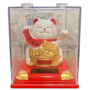 Solar Powered Maneki Neko Waving Cat 9cm Gold Coins Display Box Japanese
